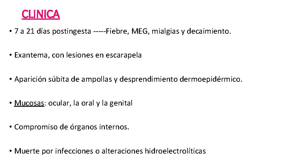 CLINICA • 7 a 21 días postingesta -----Fiebre, MEG, mialgias y decaimiento. • Exantema,