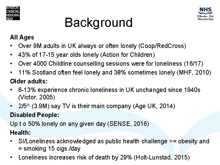 Background All Ages • Over 9 M adults in UK always or often lonely
