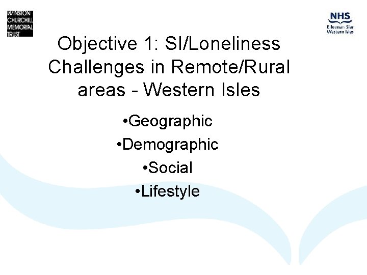 Objective 1: SI/Loneliness Challenges in Remote/Rural areas - Western Isles • Geographic • Demographic