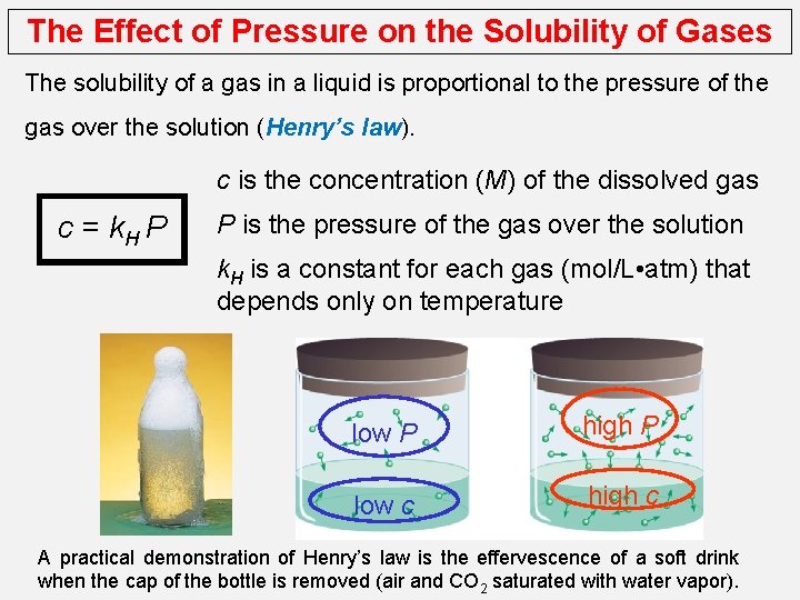 The Effect of Pressure on the Solubility of Gases The solubility of a gas