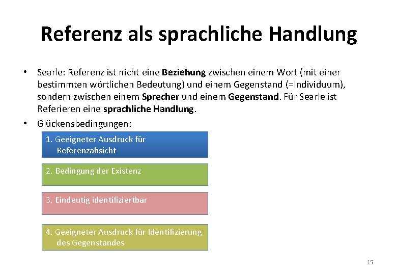 Referenz als sprachliche Handlung • Searle: Referenz ist nicht eine Beziehung zwischen einem Wort