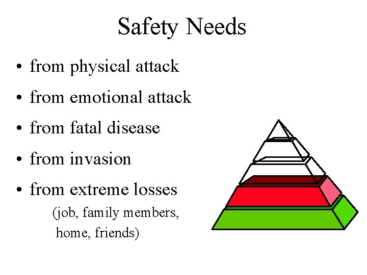Safety Needs • from physical attack • from emotional attack • from fatal disease