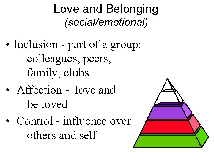 Love and Belonging (social/emotional) • Inclusion - part of a group: colleagues, peers, family,