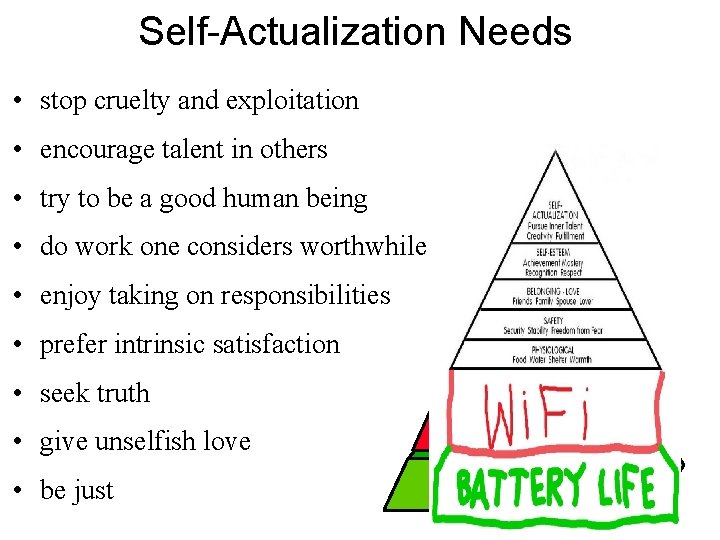 Self-Actualization Needs • stop cruelty and exploitation • encourage talent in others • try