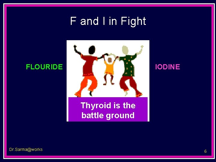 F and I in Fight FLOURIDE IODINE Thyroid is the battle ground Dr. Sarma@works