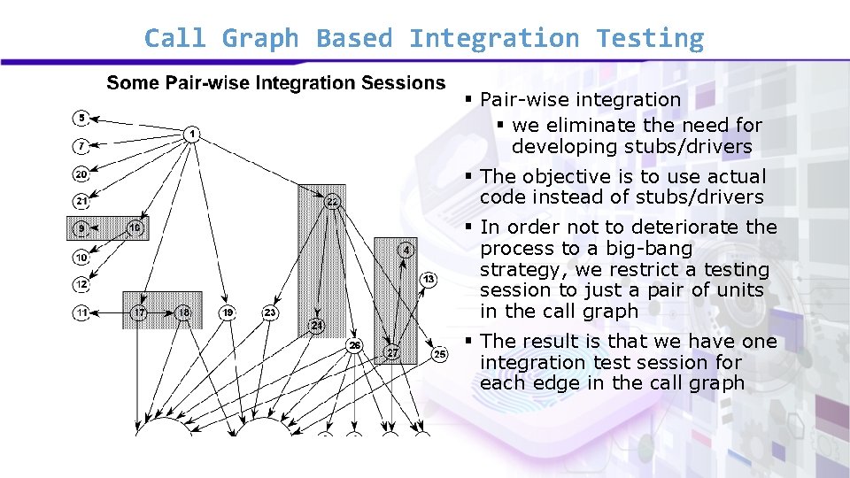 Call Graph Based Integration Testing § Pair-wise integration § we eliminate the need for
