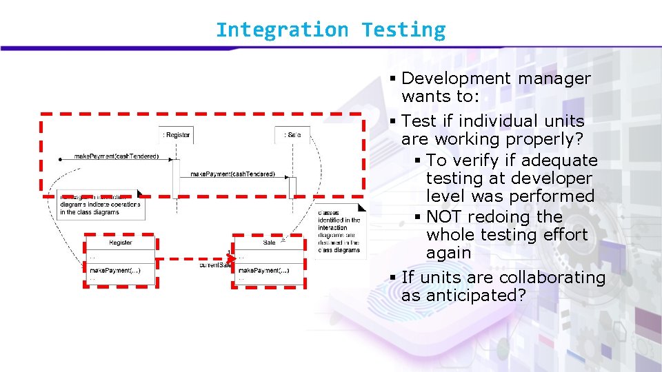 Integration Testing § Development manager wants to: § Test if individual units are working