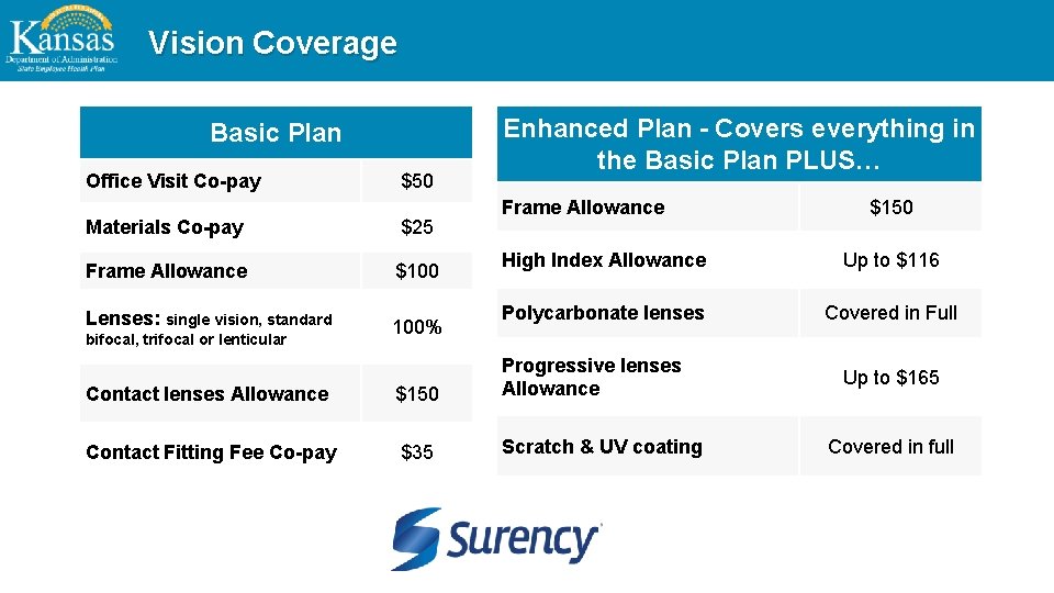 Vision Coverage Basic Plan Office Visit Co-pay $50 Materials Co-pay $25 Frame Allowance $100