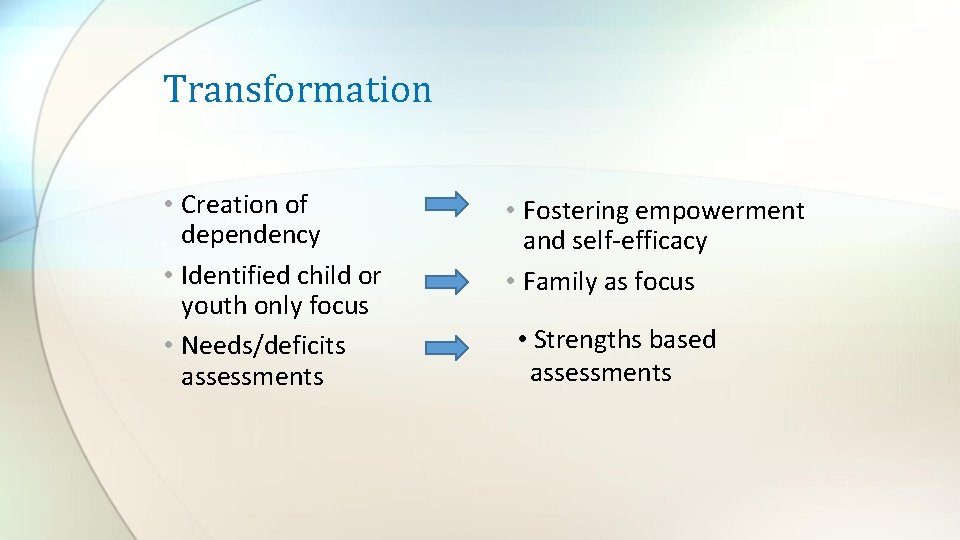 Transformation • Creation of dependency • Identified child or youth only focus • Needs/deficits