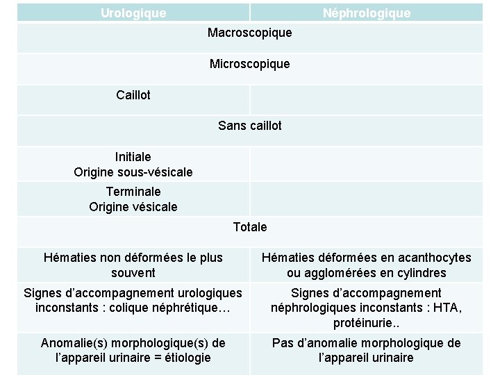 Urologique Néphrologique Macroscopique Microscopique Caillot Sans caillot Initiale Origine sous-vésicale Terminale Origine vésicale Totale