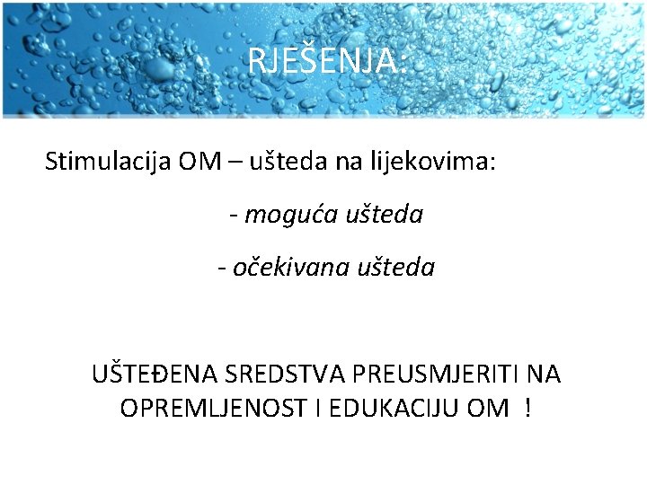 RJEŠENJA: Stimulacija OM – ušteda na lijekovima: - moguća ušteda - očekivana ušteda UŠTEĐENA