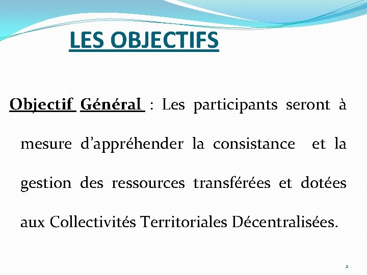LES OBJECTIFS Objectif Général : Les participants seront à mesure d’appréhender la consistance et