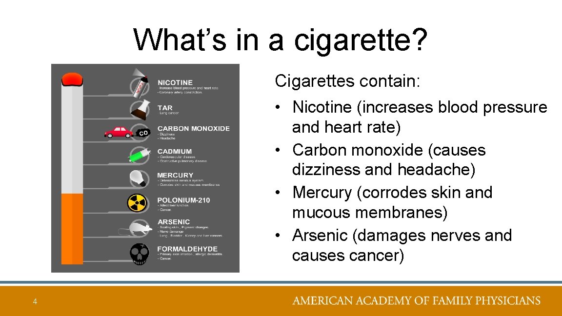 What’s in a cigarette? Cigarettes contain: • Nicotine (increases blood pressure and heart rate)