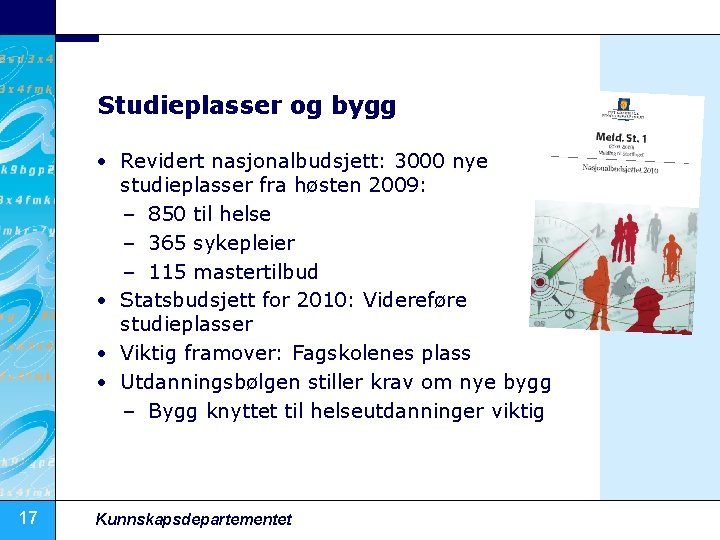 Studieplasser og bygg • Revidert nasjonalbudsjett: 3000 nye studieplasser fra høsten 2009: – 850