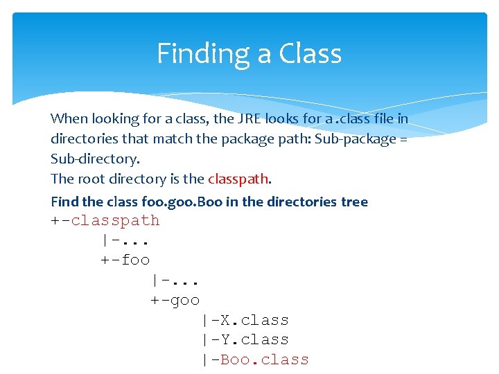 Finding a Class When looking for a class, the JRE looks for a. class