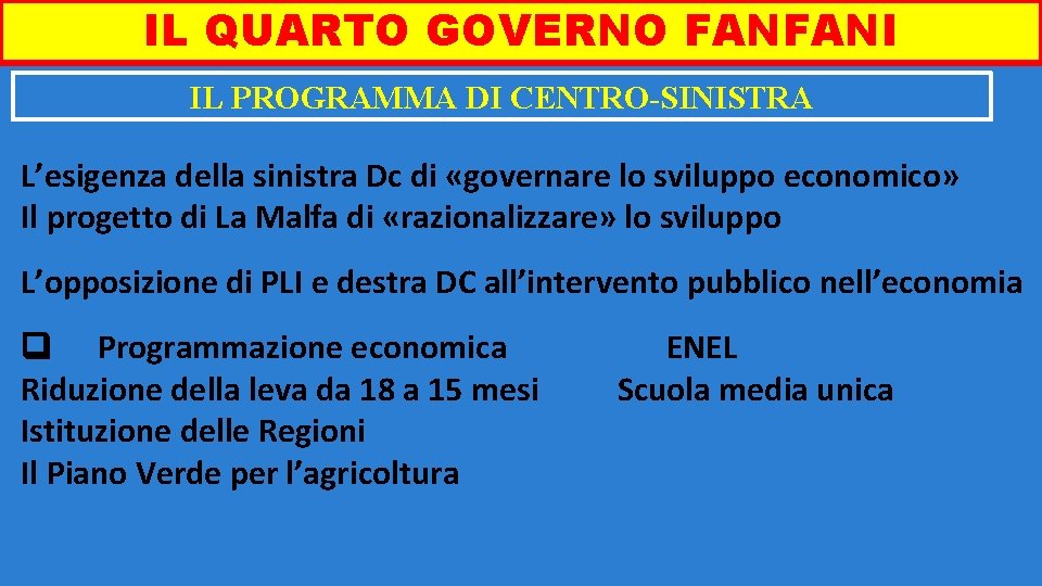 I IL QUARTO GOVERNO FANFANI IL PROGRAMMA DI CENTRO-SINISTRA L’esigenza della sinistra Dc di