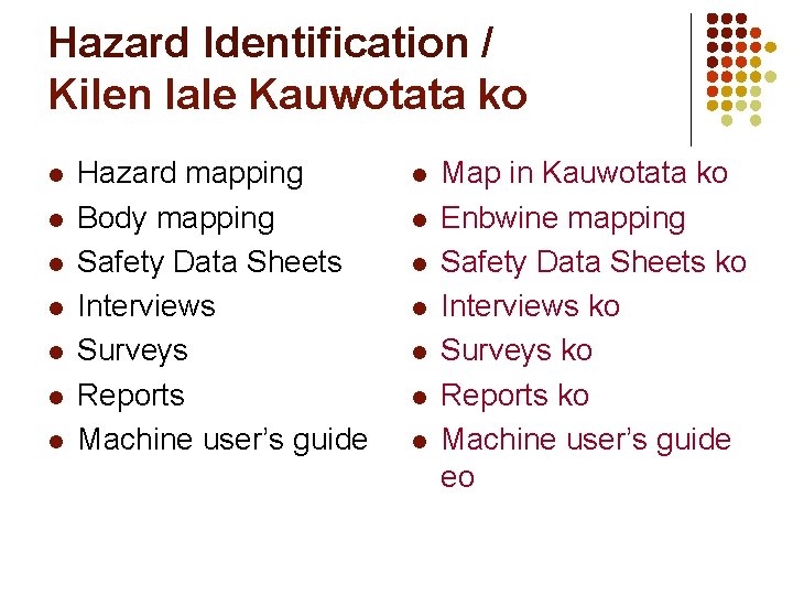 Hazard Identification / Kilen lale Kauwotata ko l l l l Hazard mapping Body