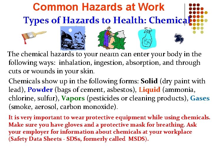 Common Hazards at Work Types of Hazards to Health: Chemical The chemical hazards to