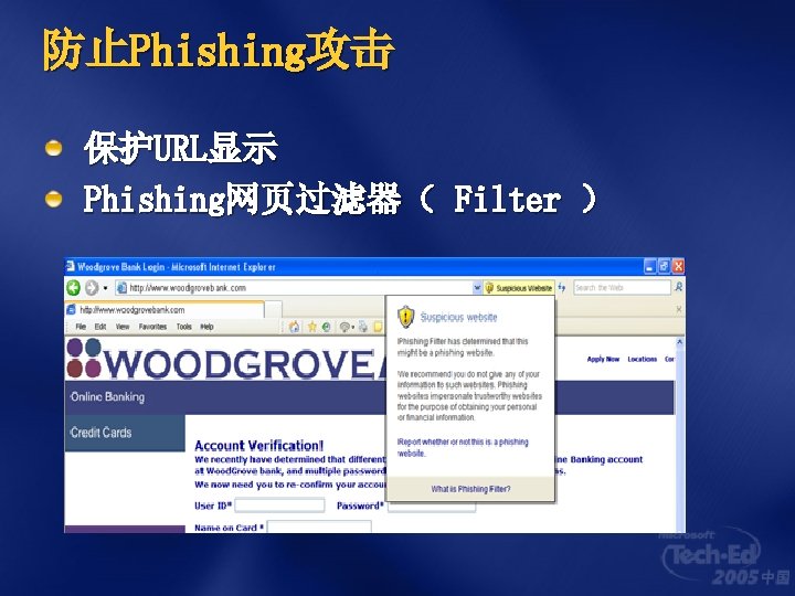 防止Phishing攻击 保护URL显示 Phishing网页过滤器（ Filter ） 