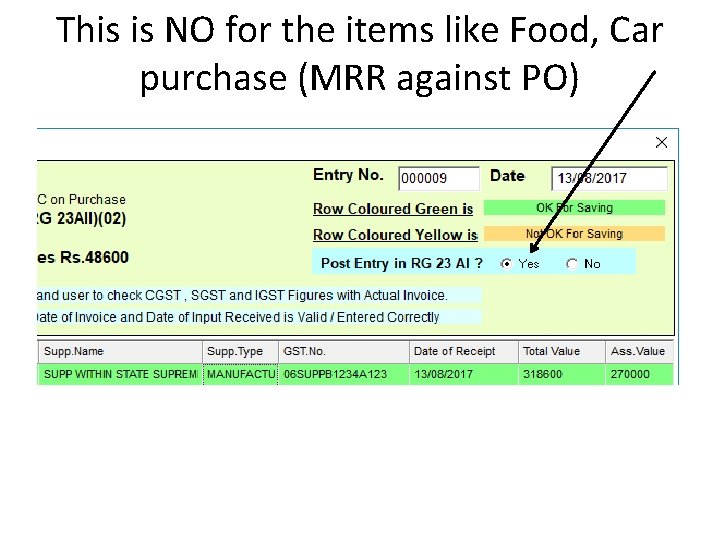 This is NO for the items like Food, Car purchase (MRR against PO) 