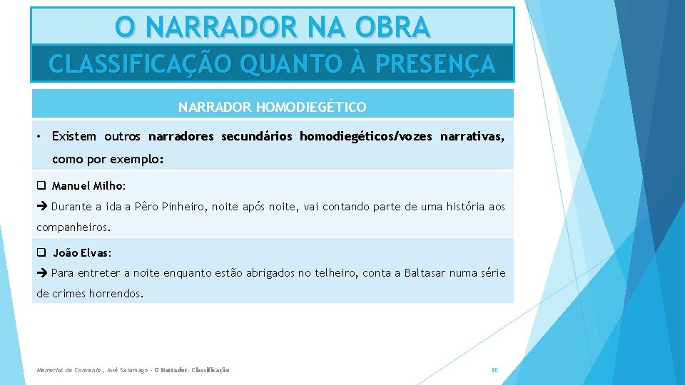 O NARRADOR NA OBRA CLASSIFICAÇÃO QUANTO À PRESENÇA NARRADOR HOMODIEGÉTICO • Existem outros narradores