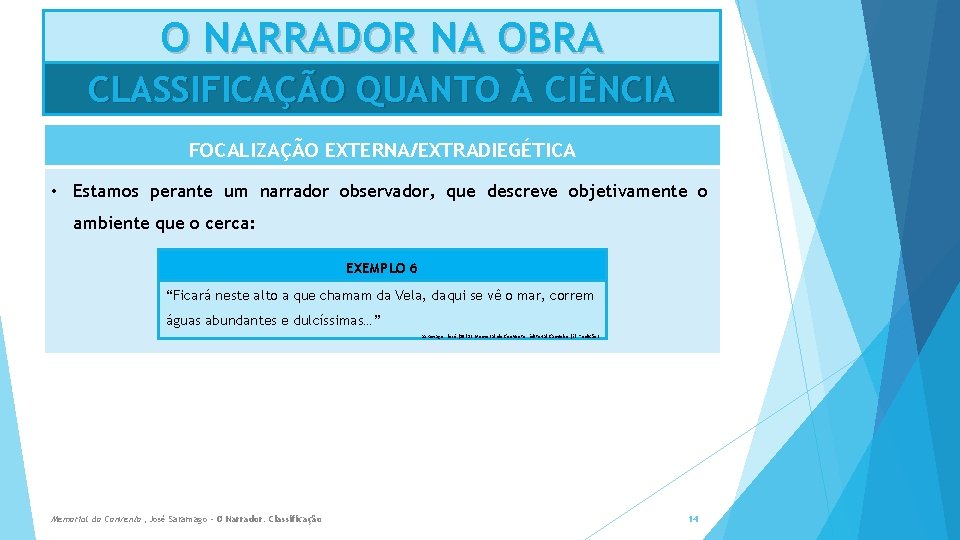 O NARRADOR NA OBRA CLASSIFICAÇÃO QUANTO À CIÊNCIA FOCALIZAÇÃO EXTERNA/EXTRADIEGÉTICA • Estamos perante um