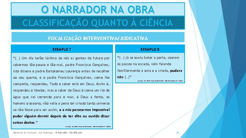 O NARRADOR NA OBRA CLASSIFICAÇÃO QUANTO À CIÊNCIA FOCALIZAÇÃO INTERVENTIVA/JUDICATIVA EXEMPLO 7 EXEMPLO 8