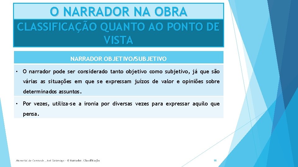 O NARRADOR NA OBRA CLASSIFICAÇÃO QUANTO AO PONTO DE VISTA NARRADOR OBJETIVO/SUBJETIVO • O