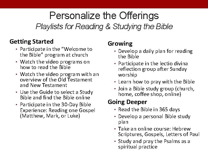 Personalize the Offerings Playlists for Reading & Studying the Bible Getting Started • Participate