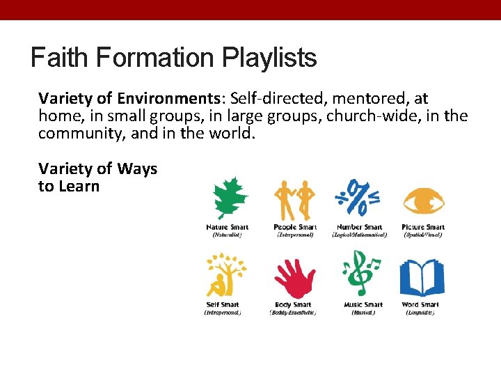 Faith Formation Playlists Variety of Environments: Self-directed, mentored, at home, in small groups, in