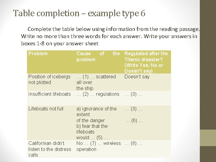 Table completion – example type 6 Complete the table below using information from the