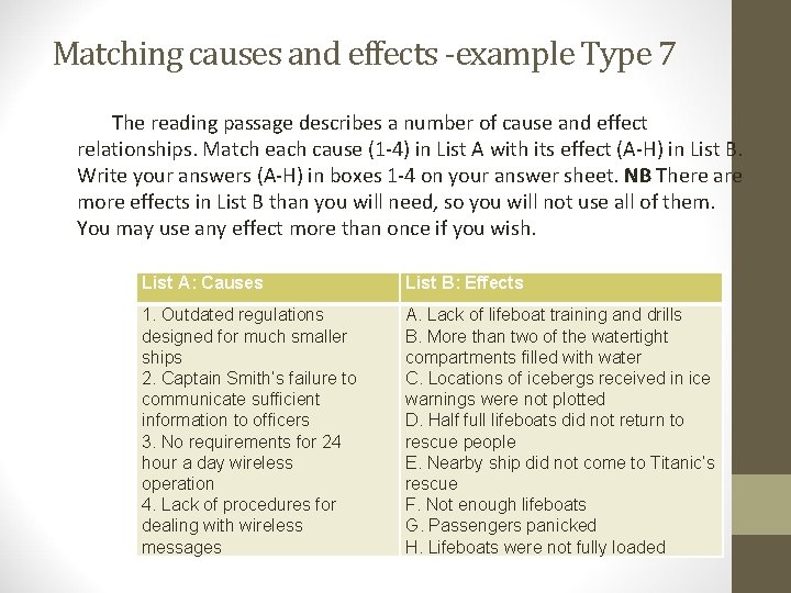 Matching causes and effects -example Type 7 The reading passage describes a number of