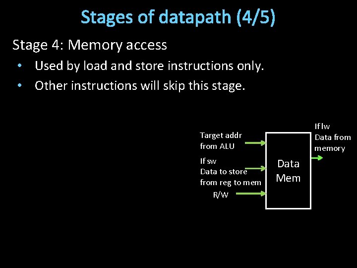 Stages of datapath (4/5) Stage 4: Memory access • Used by load and store