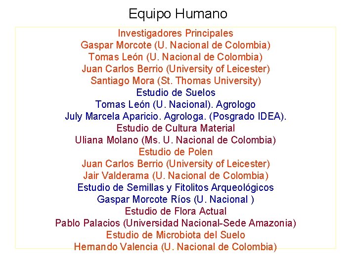 Equipo Humano Investigadores Principales Gaspar Morcote (U. Nacional de Colombia) Tomas León (U. Nacional