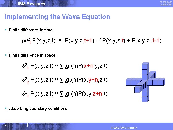 IBM Research Implementing the Wave Equation § Finite difference in time: µ ∂ 2