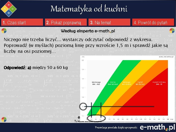 Matematyka od kuchni 1. Czas start 2. Pokaż poprawną 3. Na temat 4. Powrót