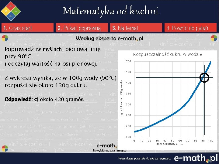 Matematyka od kuchni 1. Czas start 2. Pokaż poprawną 3. Na temat 4. Powrót