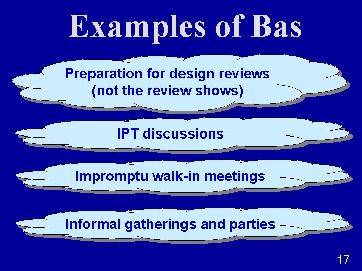 Examples of Bas Preparation for design reviews (not the review shows) IPT discussions Impromptu