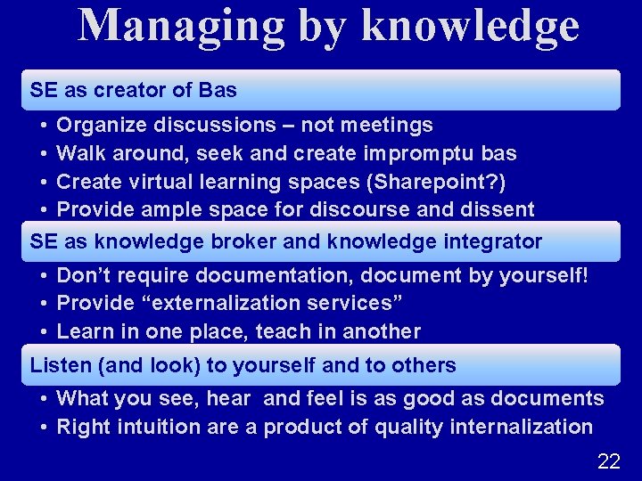 Managing by knowledge SE as creator of Bas • Organize discussions – not meetings