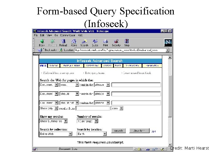 Form-based Query Specification (Infoseek) Credit: Marti Hearst 