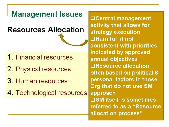Management Issues q. Central management activity that allows for Resources Allocation strategy execution q.
