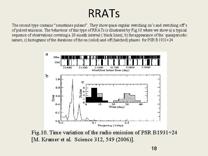 RRATs The second type contains “sometimes pulsars”. They show quasi-regular switching on’s and switching