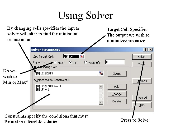 Using Solver By changing cells specifies the inputs solver will alter to find the