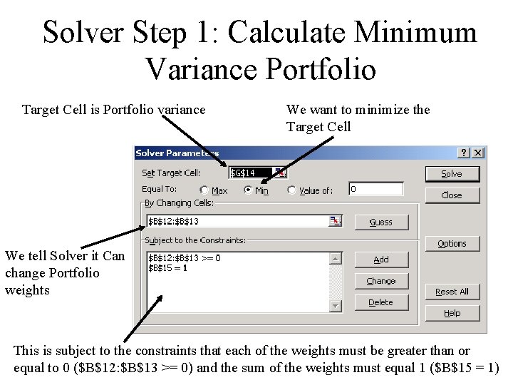 Solver Step 1: Calculate Minimum Variance Portfolio Target Cell is Portfolio variance We want