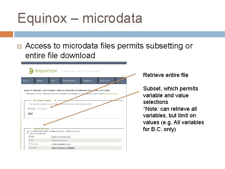 Equinox – microdata Access to microdata files permits subsetting or entire file download Retrieve