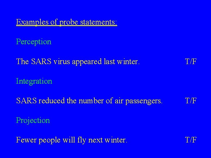 Examples of probe statements: Perception The SARS virus appeared last winter. T/F Integration SARS