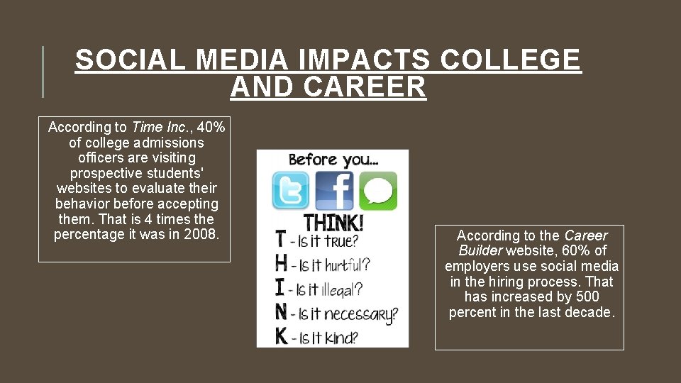 SOCIAL MEDIA IMPACTS COLLEGE AND CAREER According to Time Inc. , 40% of college