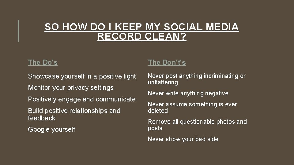 SO HOW DO I KEEP MY SOCIAL MEDIA RECORD CLEAN? The Do's The Don’t's