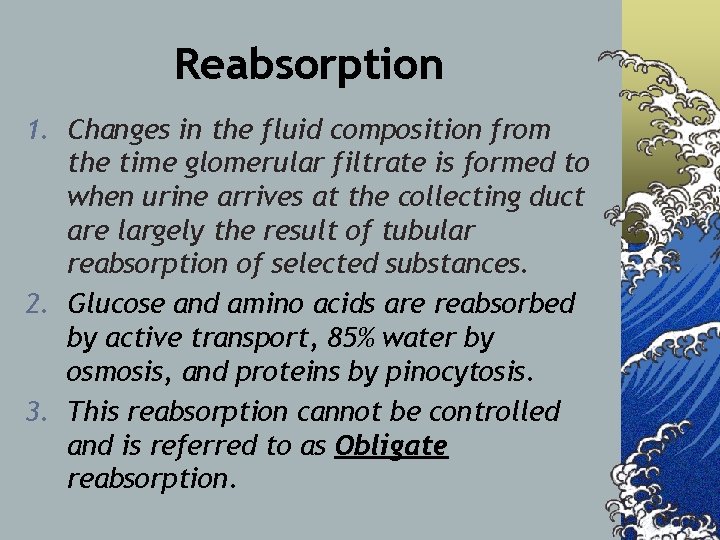 Reabsorption 1. Changes in the fluid composition from the time glomerular filtrate is formed
