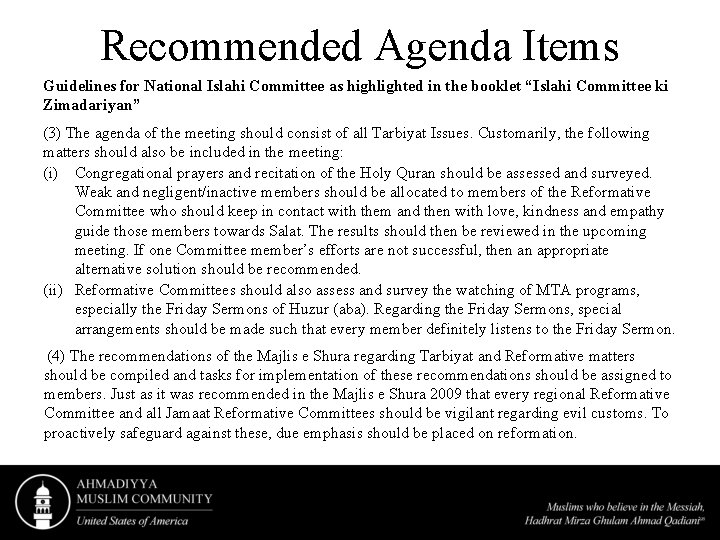 Recommended Agenda Items Guidelines for National Islahi Committee as highlighted in the booklet “Islahi